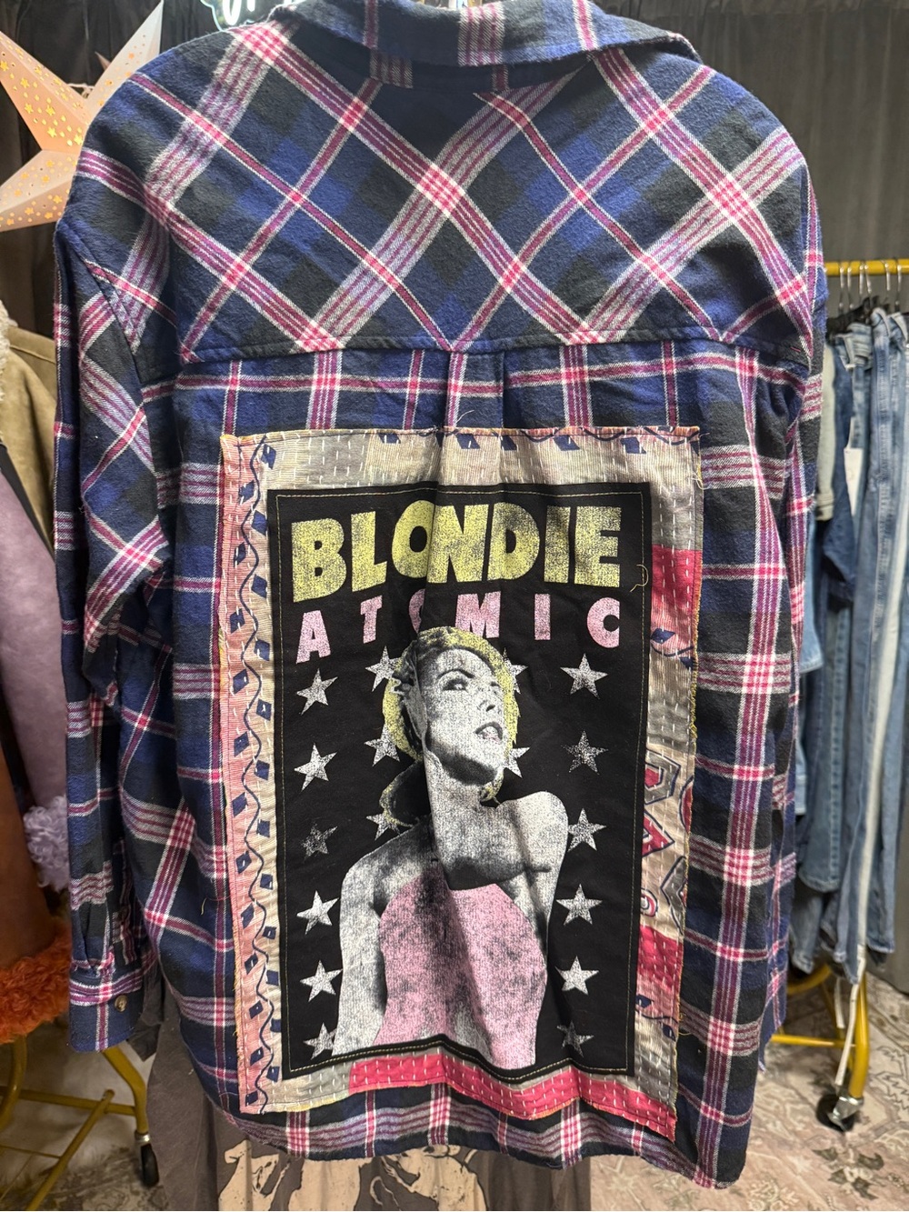 Blondie Atomic Plaid Patchwork Flannel Shirt Jacket - Blue/Pink